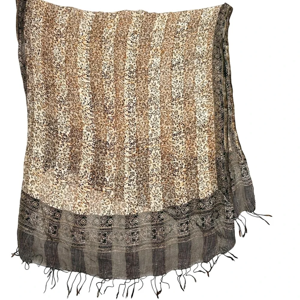 Luxury Batik Print‎ Silk Cape Shawl Wrap Brown Black Block Print Pattern Italy